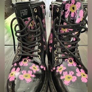 Dr. Martens Black and Pink Combat Boots Floral Design